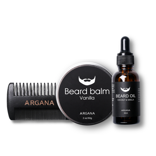 Medium Beard Kit från Argana – ett komplett skäggvårdspaket med beard oil,
beard balm, skäggborste och tygpåse i två lyxiga varianter.